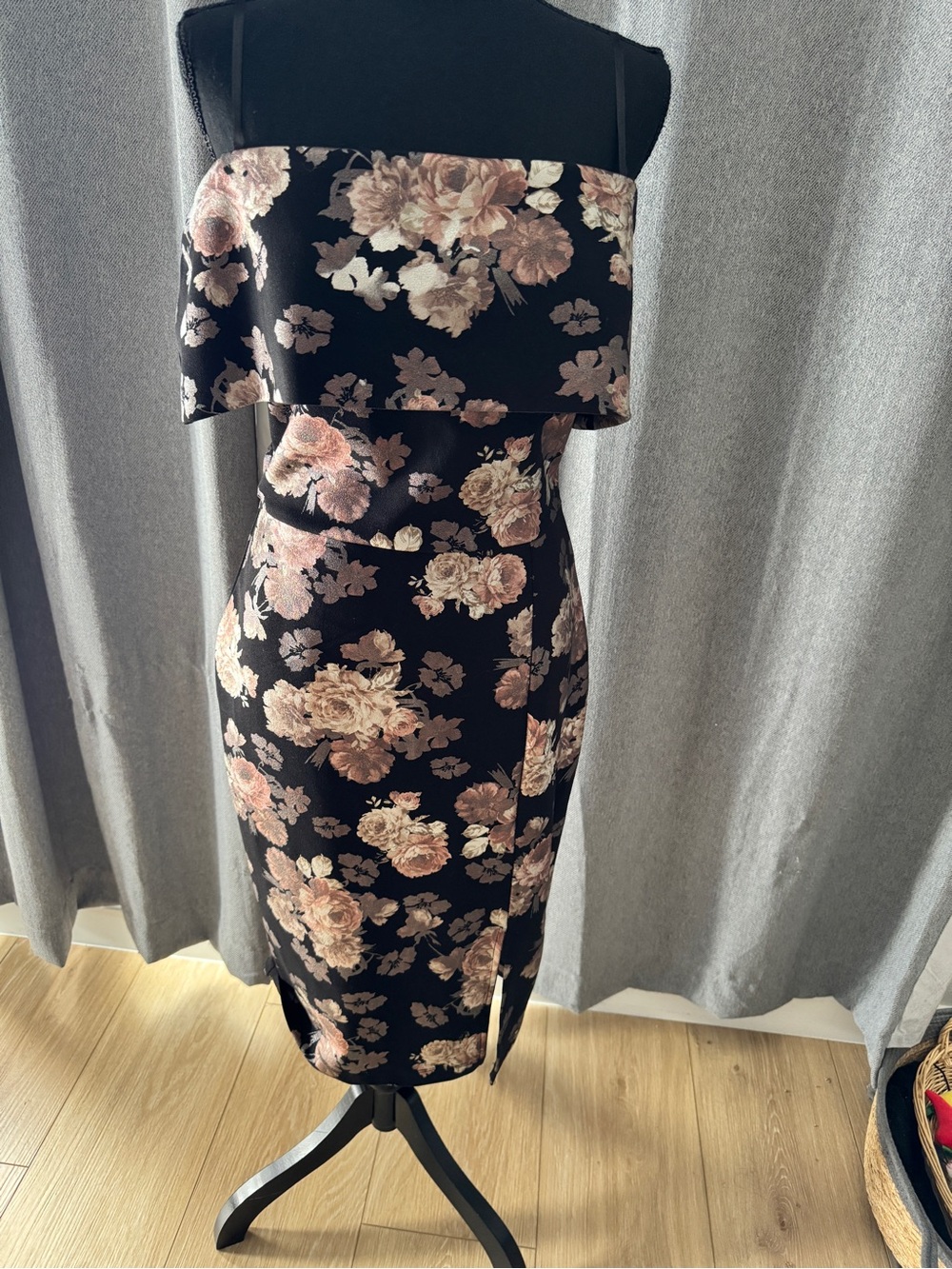 Off-Shoulder Floral Midi Dress in Black and Blush